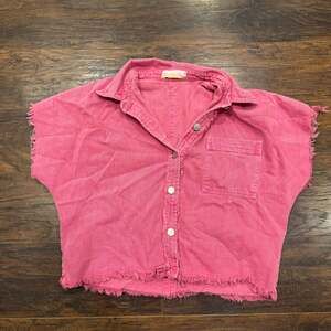 North End Pink Acid Wash Frayed Boxy Denim Button Down Top